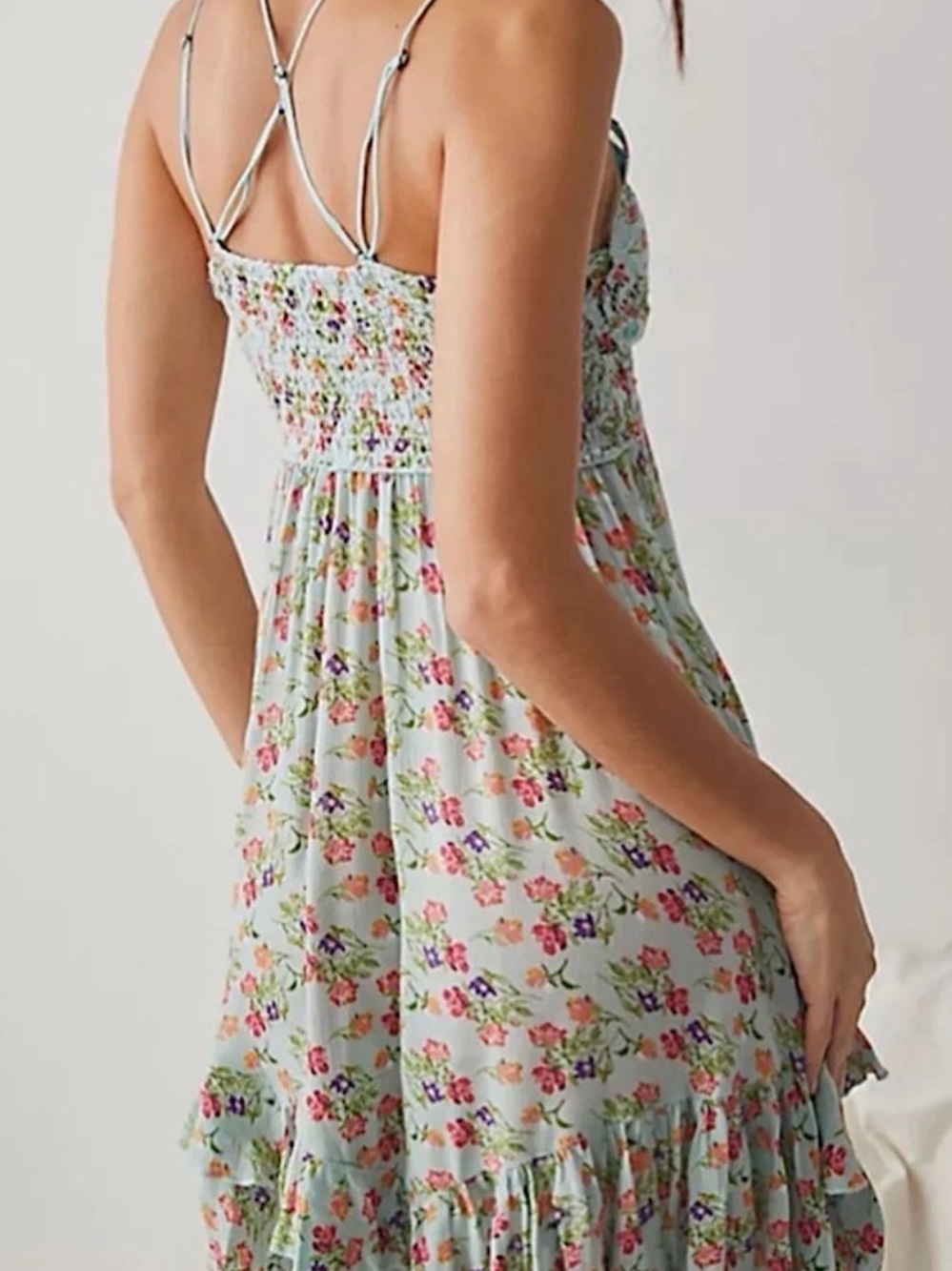 BNWOT Free People Pale Blue Floral Lace-Trim Asymmetrical Cross Back Dress - XL - Picture 3 of 15